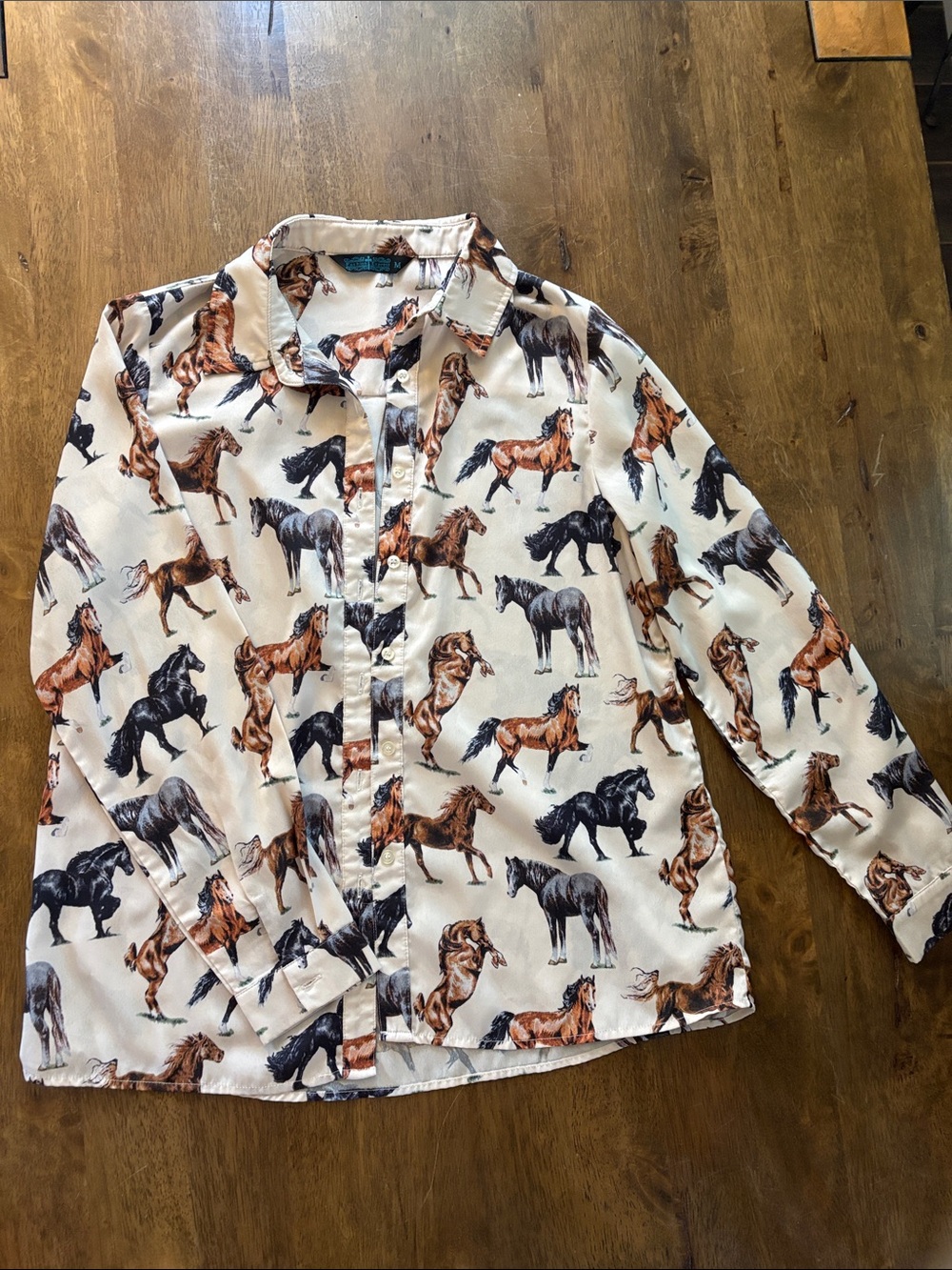 Fashion Express Horse Print Button-Up Shirt - Ivory with Brown & Black Horses